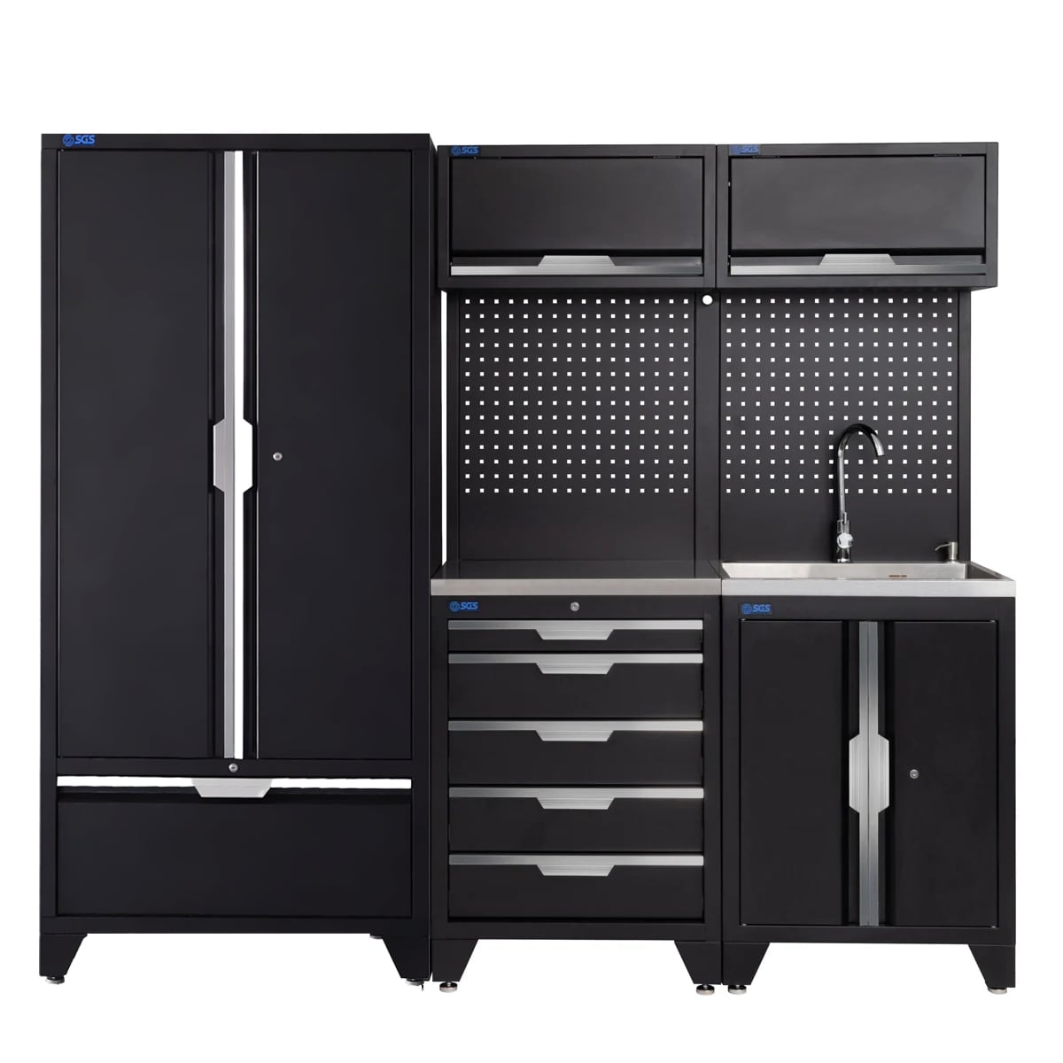 SGS 7pc Garage Storage System | 5 Drawers | Stainless Steel Worktop | Sink Unit | 2x Upper Cabinets | Tall Double Cabinet | Tall Double Cabinet with Drawer
